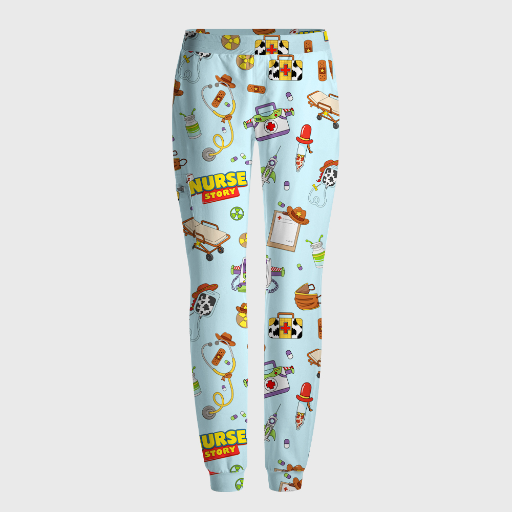 Cartoon Medical Equipment Print Nurse Scrub Set