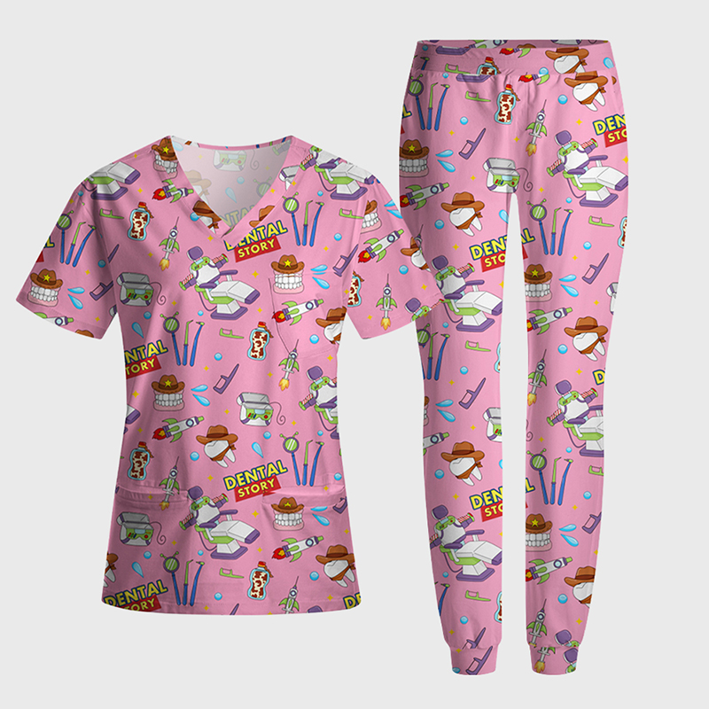 Dental Story All‑Over Print Medical Nurse Antimicrobial Scrubs Sets