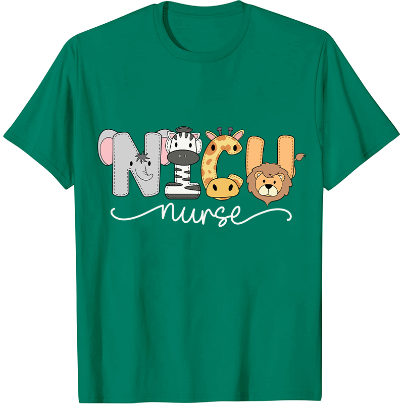NICU Cartoon Zoo Animals Nurse T-Shirt