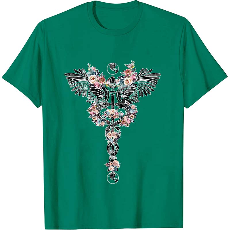 Floral Rod Of Asclepius Nurse T-Shirt