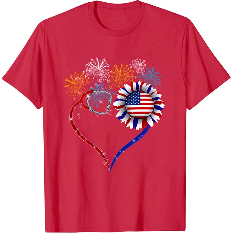 Fireworks Sunflower Stethoscope Nurse T-Shirt