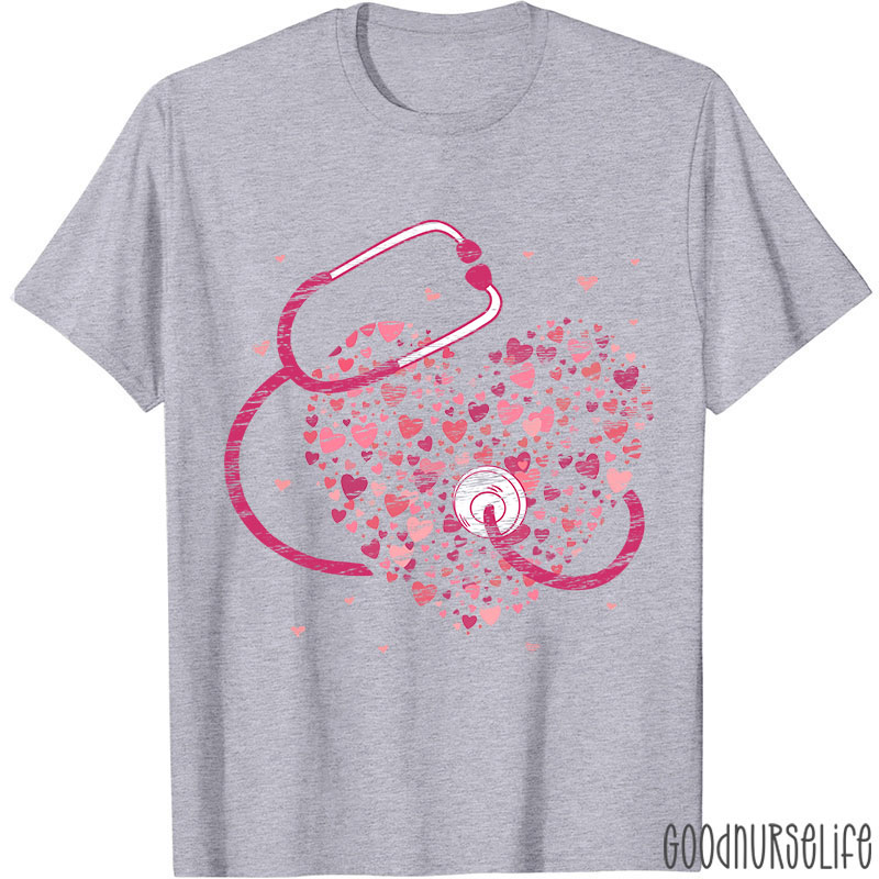 Pink Stethoscope And Hearts Nurse T-Shirt