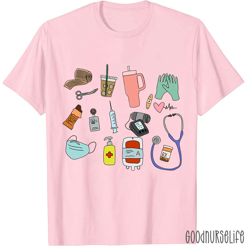 Stethoscope Coffee Mask Syringe Phone Nurse Daily Nurse T-Shirt