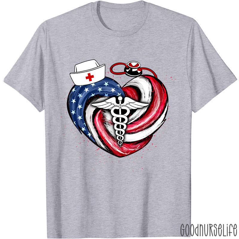 Heart-Shaped Stars And Stripes Vortex Nurse T-Shirt