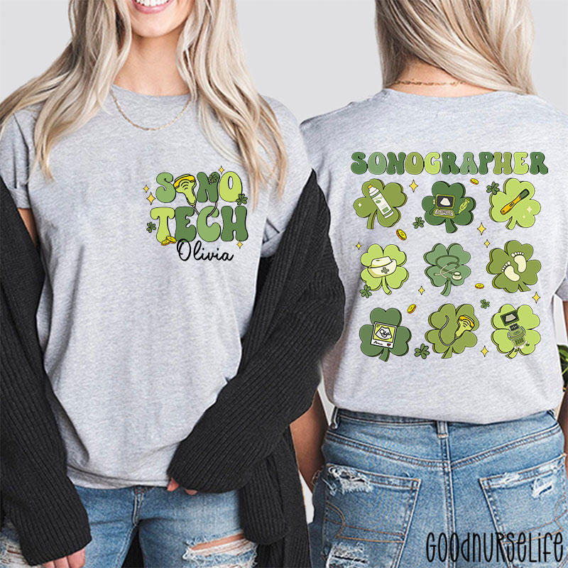 Personalized Name Sonographer St. Patrick's Day Nurse Two Sided T-Shirt