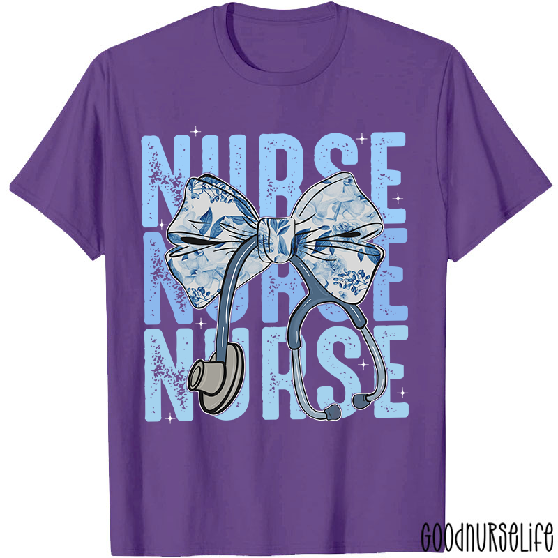 Blue Flowers Stethoscope Nurse T-Shirt