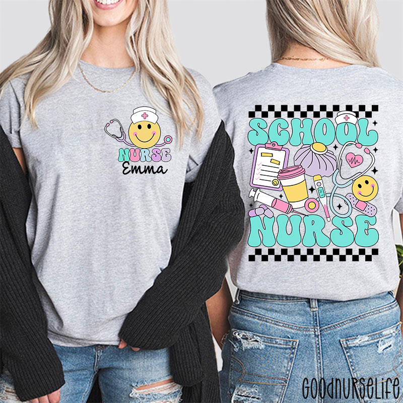 Personalized Checkerboard Smiley Face School Nurse Two Sided T-Shirt