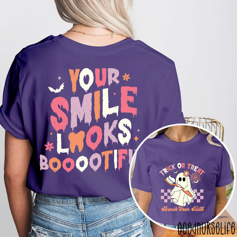 Trick Or Treat Brush Your Teeth Dentist Halloween Two Sided T-Shirt