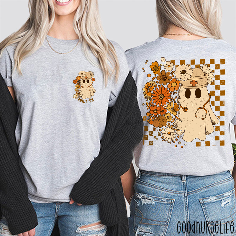 Personalized Checkerboard And Flower Ghost Nurse Two Sided T-Shirt