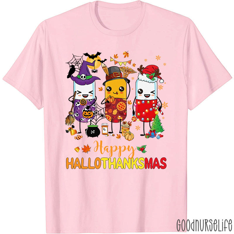 Pharmacy Holiday HalloThanksMas Pill Characters T-Shirt