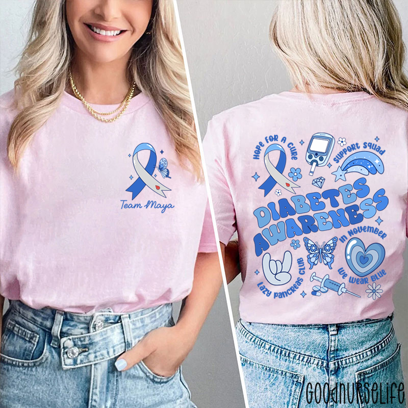Personalized Festive Blue Diabetes Awareness Two Sided T-Shirt
