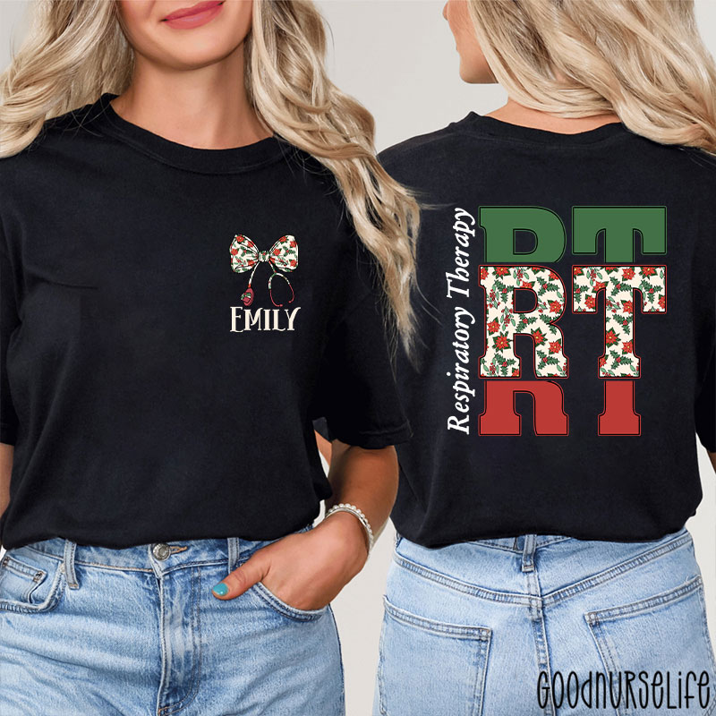 Personalized Christmas Bow And Stethoscope Christmas Floral Nurse Two Sided T-Shirt