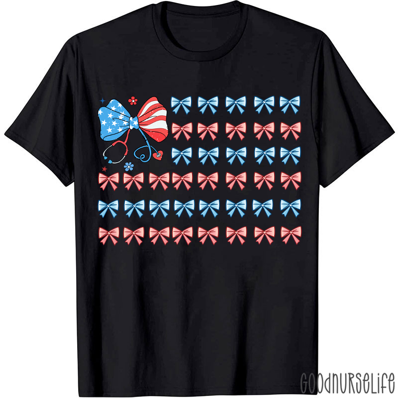 American Flag Patriotic 4th Of July Coquette Bow Nurse T-Shirt
