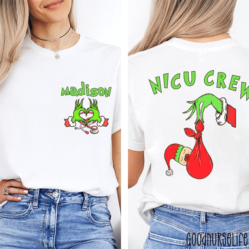 Personalized Name Holiday NICU Crew Nurse Two Sided T-Shirt