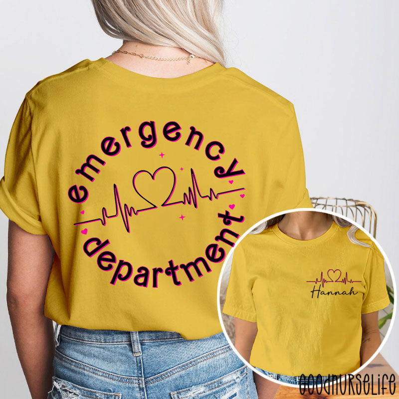 Personalized Name Heart Emergency Department Nurse Two Sided T-Shirt