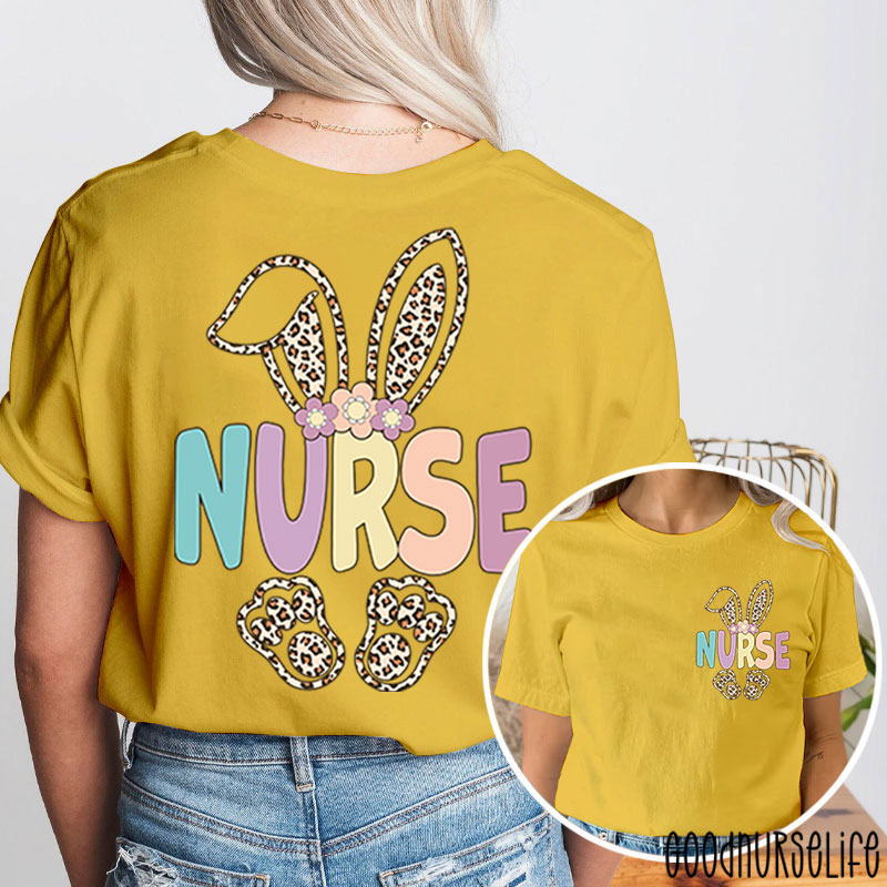 Leopard Bunny Hoppy Easter Nurse Two Sided T-Shirt