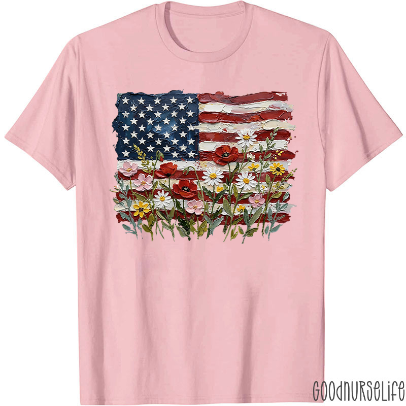 American Flag Floral Nurse T-Shirt