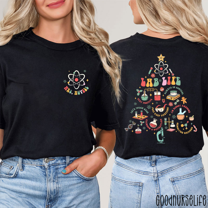 Personalized Retro Science Christmas Tree With Lab Elements Two Sided T-Shirt