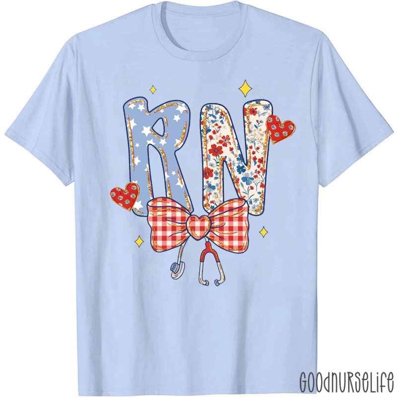 Personalized Red Plaid Bow Patriotic Nurse T-Shirt