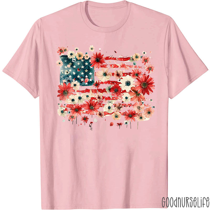 American Flag Floral Nurse T-Shirt