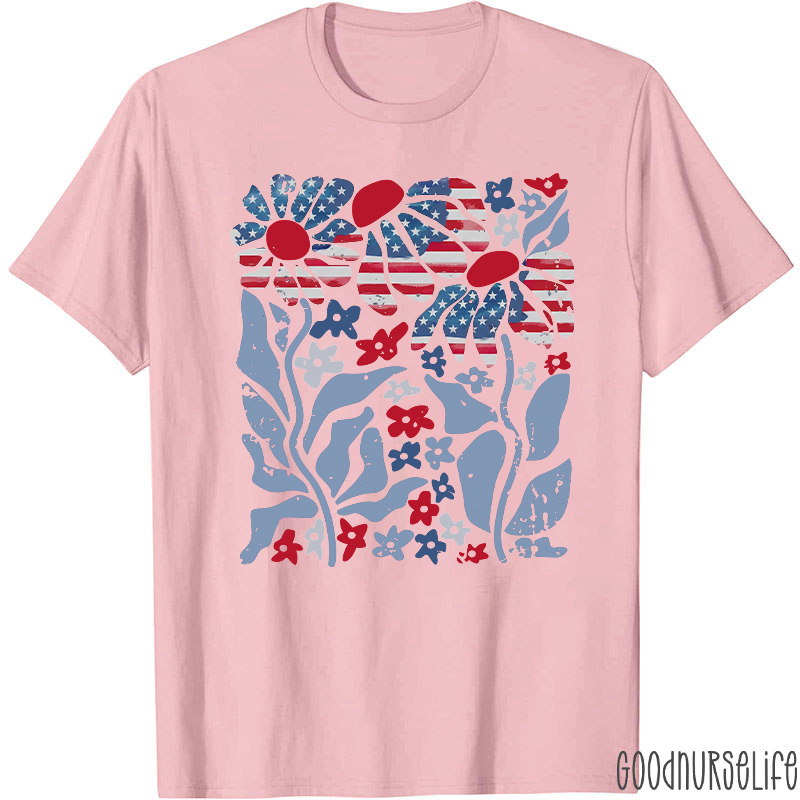 Boho Patriotic Daisy American Flag Floral Nurse T-Shirt