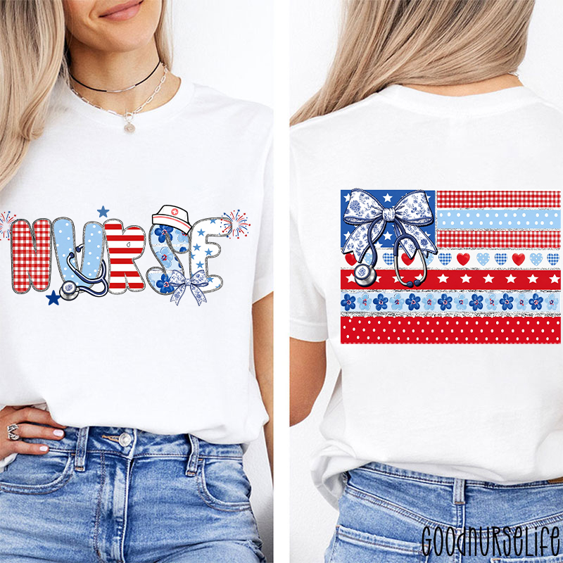 American Flag Floral Nurse Two Sided T-Shirt