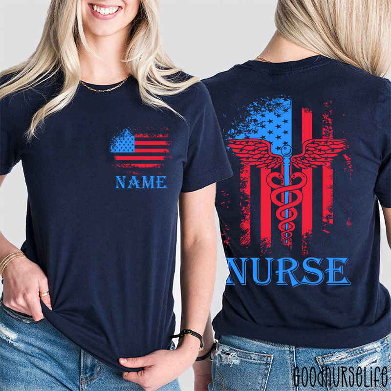 Personalized Name American Flag 4th Of July Nurse Two Sided T-Shirt