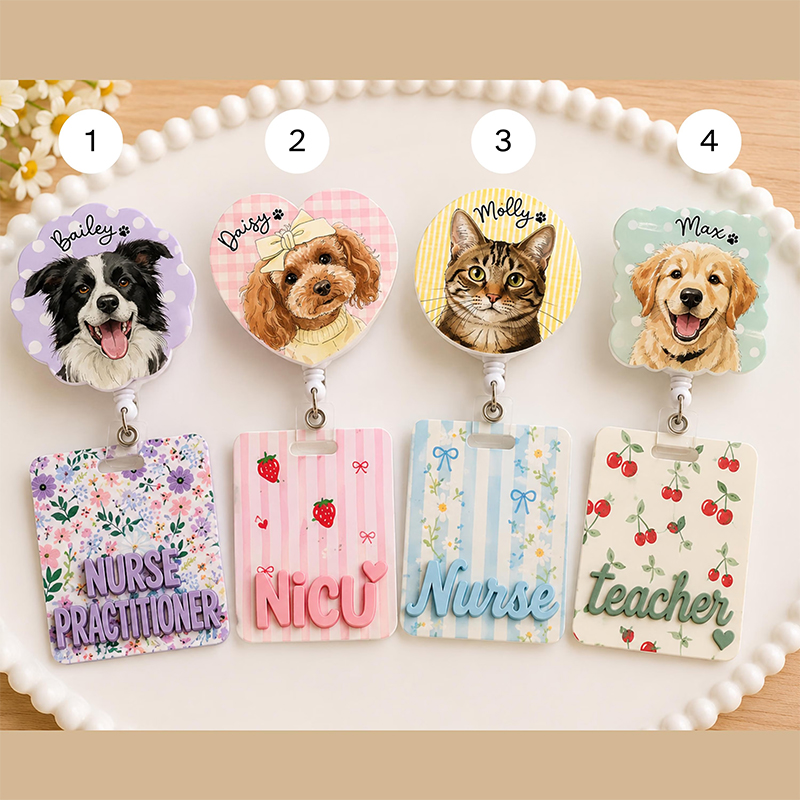Personalized Pet Portrait Floral Nurse Badge Buddy And Badge Reel Set 