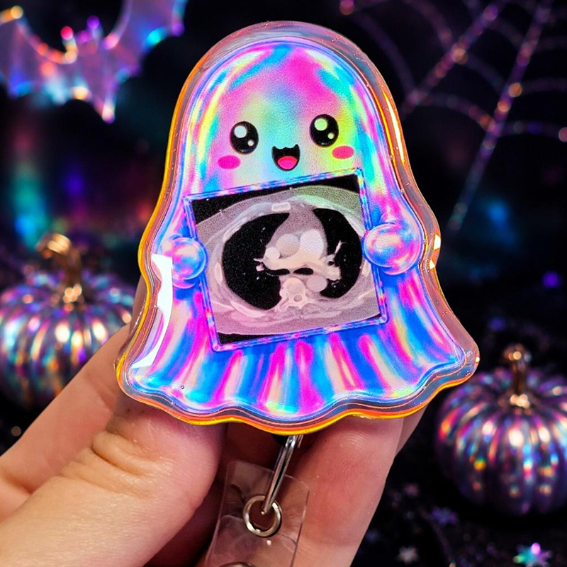Cute Ghost Holding X‑Ray Scan Halloween Acrylic Badge Reel