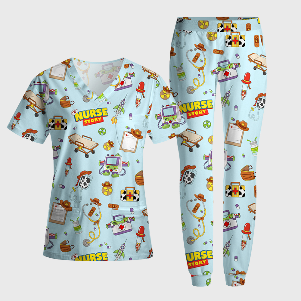 Cartoon Medical Equipment Print Nurse Scrub Set