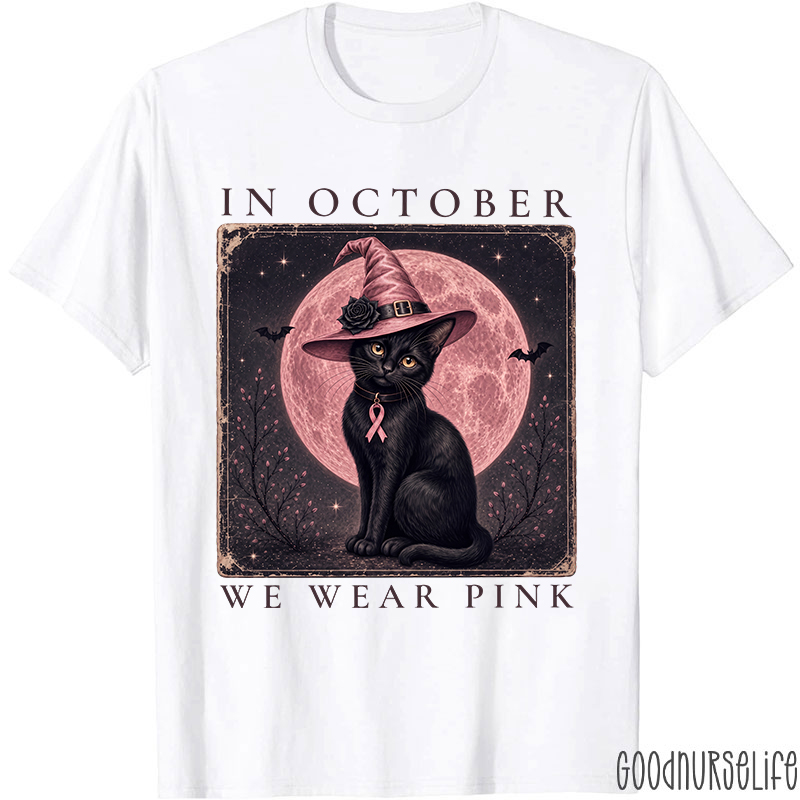 In October We Wear Pink Witch Black Cat Pink Moon Breast Cancer Awareness Teacher T‑Shirt