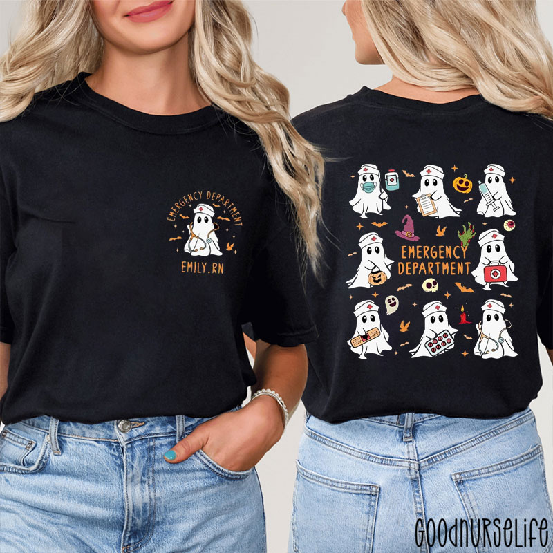 Personalized Halloween Ghost Emergency Department Nurse Two Sided T-Shirt