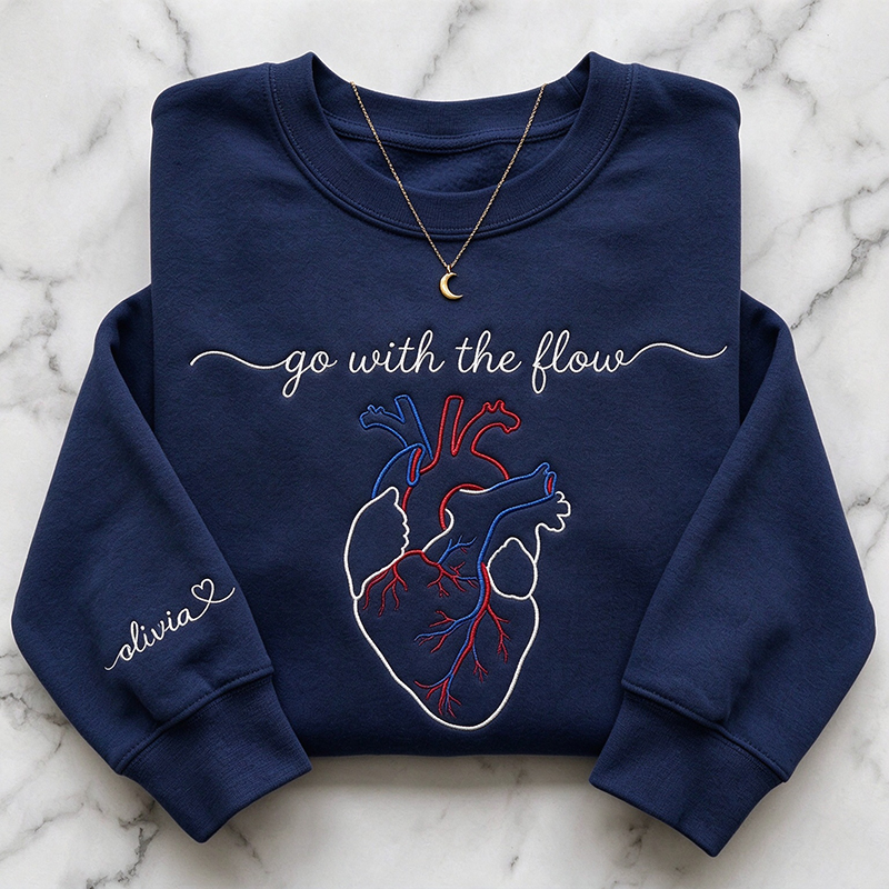 Personalized Go With The Flow Anatomical Heart Embroidered Sweatshirt