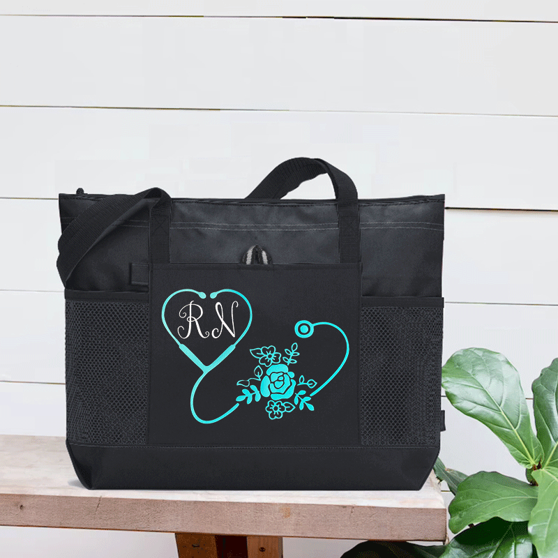 Personalized Floral Stethoscope Zip Tote Bag