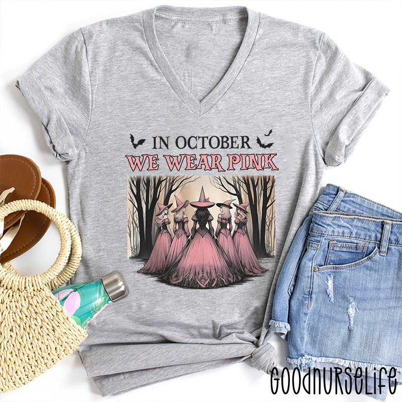 October Pink Witches Nurse Female V-Neck T-Shirt