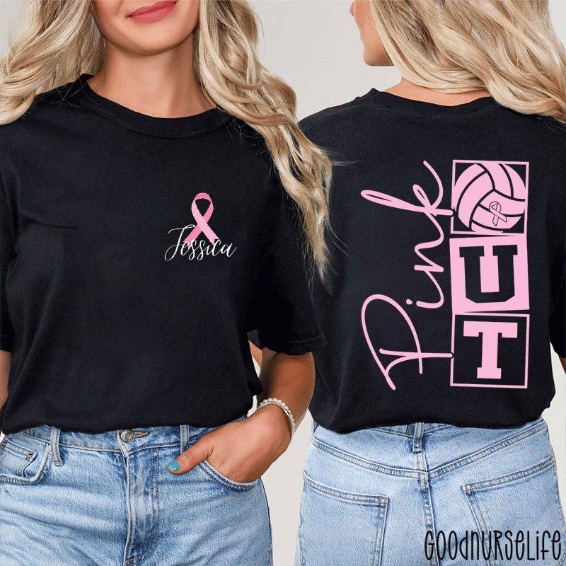 Personalized Pink Out Volleyball With Breast Cancer Ribbon Nurse Two Sided T-Shirt