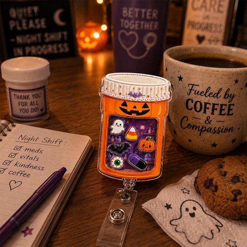 Halloween Pill Bottle Nurse Shaker Badge Reel