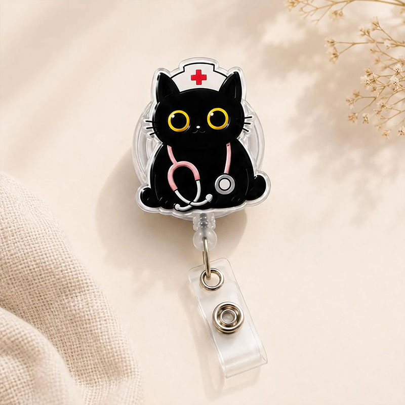 Funny Black Cat Nurse Badge Reel