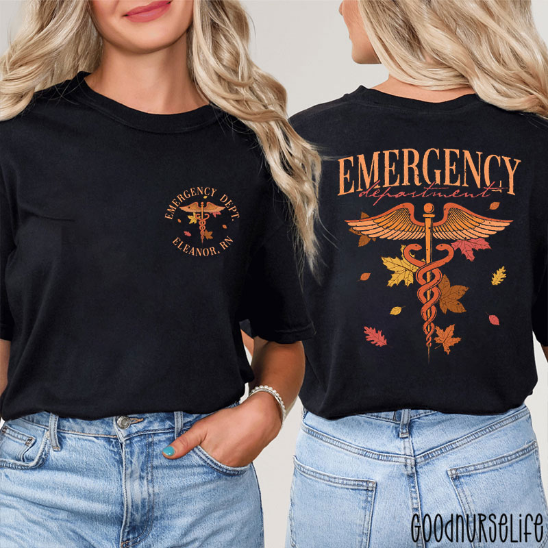 Personalized Emergency Department With Fall Leaves Caduceus Nurse Two Sided T-Shirt