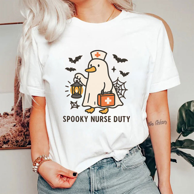 Duck In Ghost Costume And Spooky Nurse Duty Nurse T-Shirt