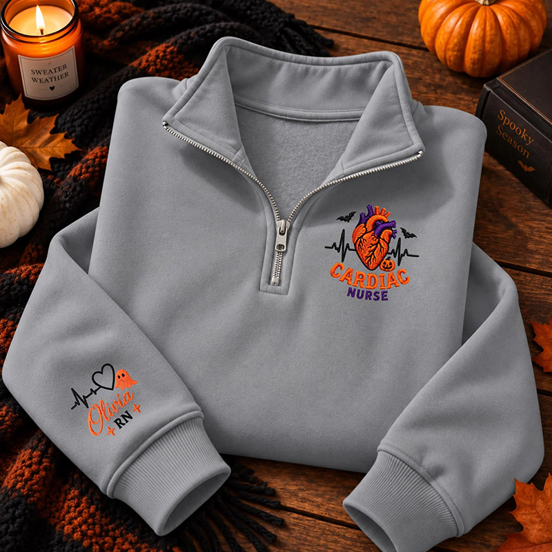 Personalized Halloween Heart Embroidered Quarter Zip Sweatshirt