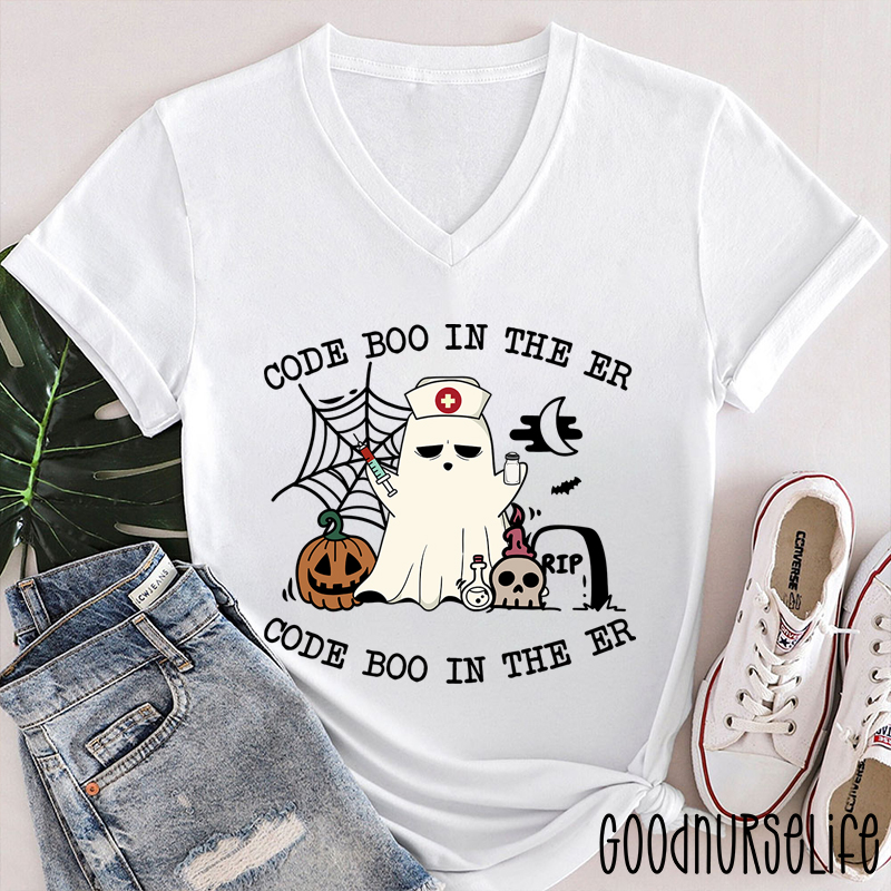Code Boo In The Er Code Boo In The Er Nurse T-Shirt- Female V-Neck T-Shirt