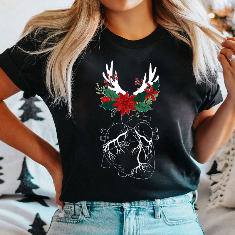 Anatomical Heart With Reindeer Antlers And Poinsettias T-Shirt