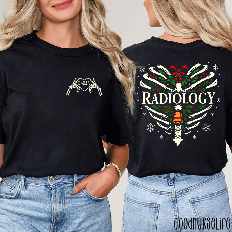 Personalized Festive Ribcage With Holly And Bell Accents Two Sided T-Shirt