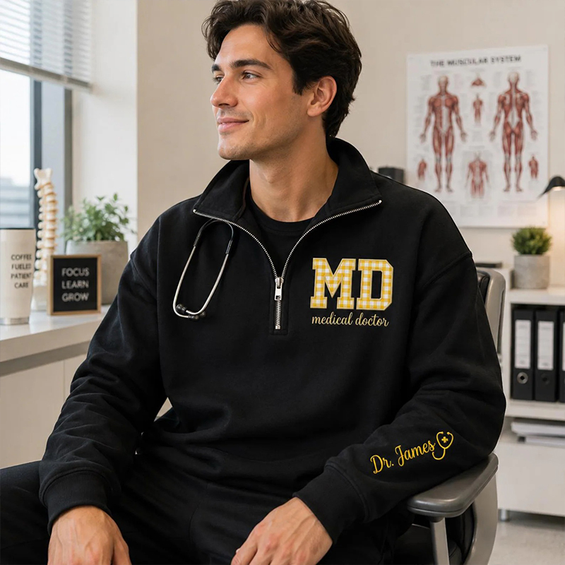 Personalized Plaid Patch Name And Job Title Quarter Zip Sweatshirt