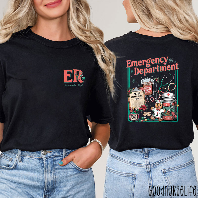 Personalized Emergency Department Christmas Festive ED Medical Nurse Two Sided T-Shirt