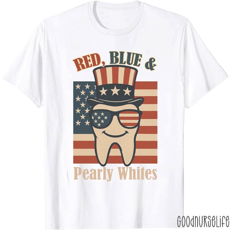 Red Blue And Pearly Whites Dental T-Shirt