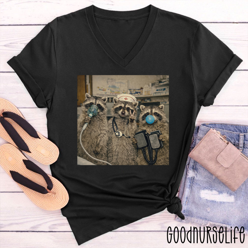 Nunny Emergency Room Raccoon Nurse Female V-Neck T-Shirt