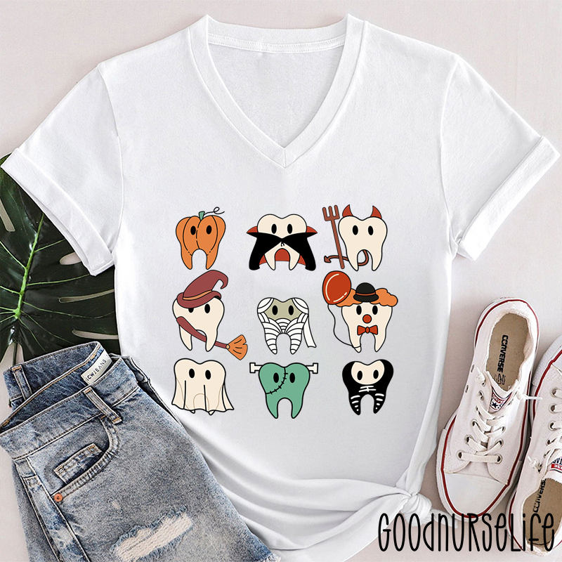 Halloween Tooth Queue Dental  Female V-Neck T-Shirt