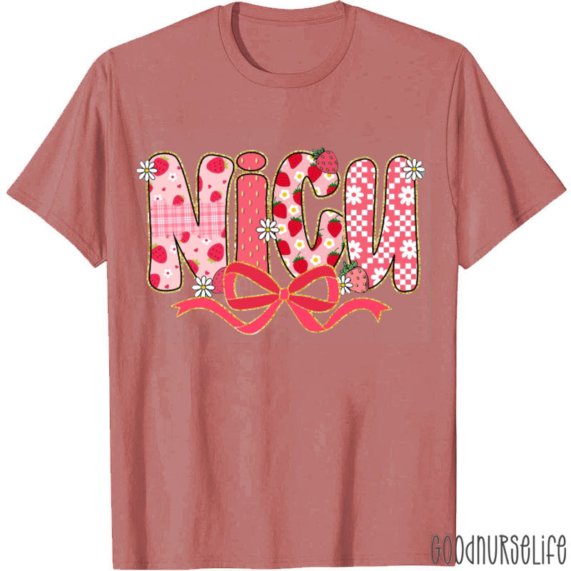 Personalized Strawberry Glitter Coquette Bow Nurse T-Shirt